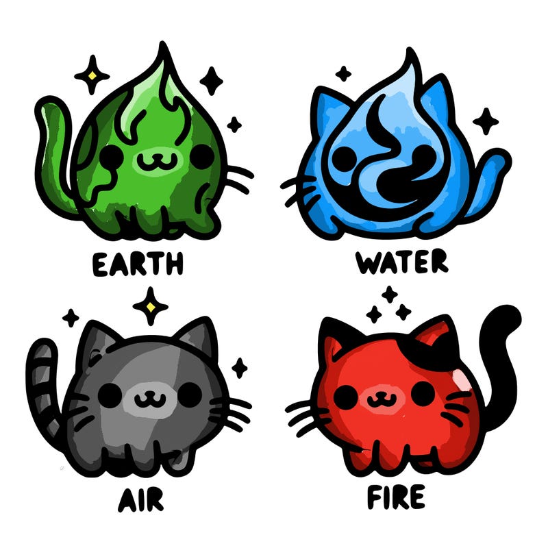 4 cats that represent the different elements, earth, water, air, and fire