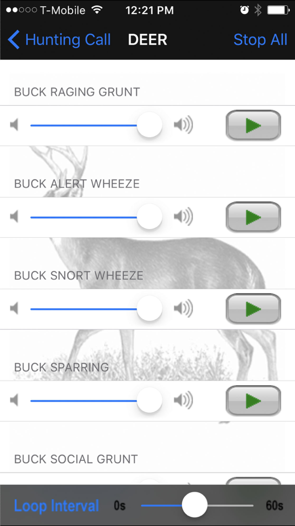 Hunting Call - Hunting Call app screen showing deer sound options and volume controls