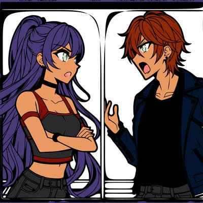 anime girl with long hair wearing a crop top and a cropped jacket and an anime guy with short hair wearing a leather jacket arguing