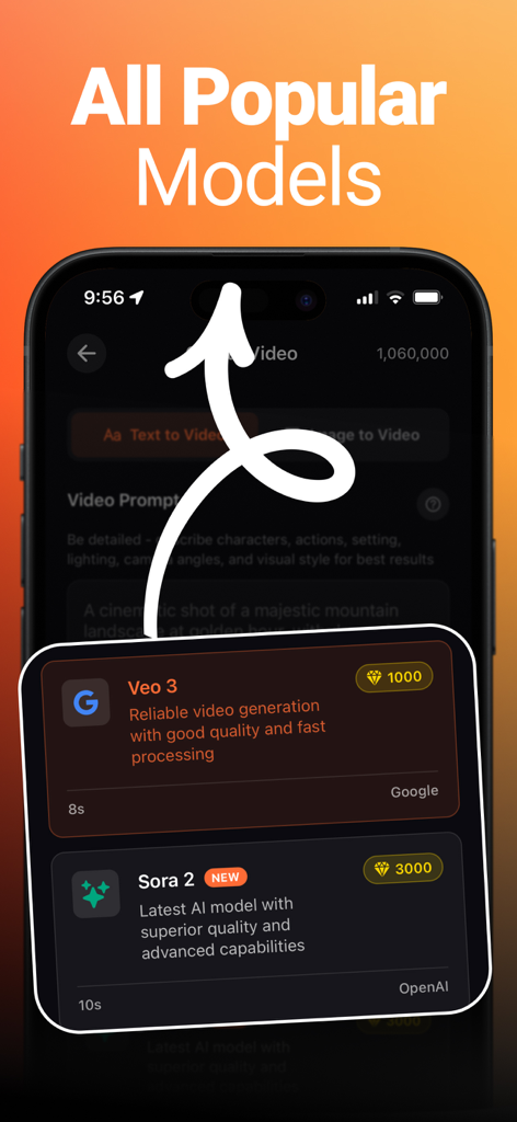 Pantalla de la aplicación Flashloop mostrando los modelos de vídeo de IA disponibles, incluyendo Google Veo 3 y OpenAI Sora 2