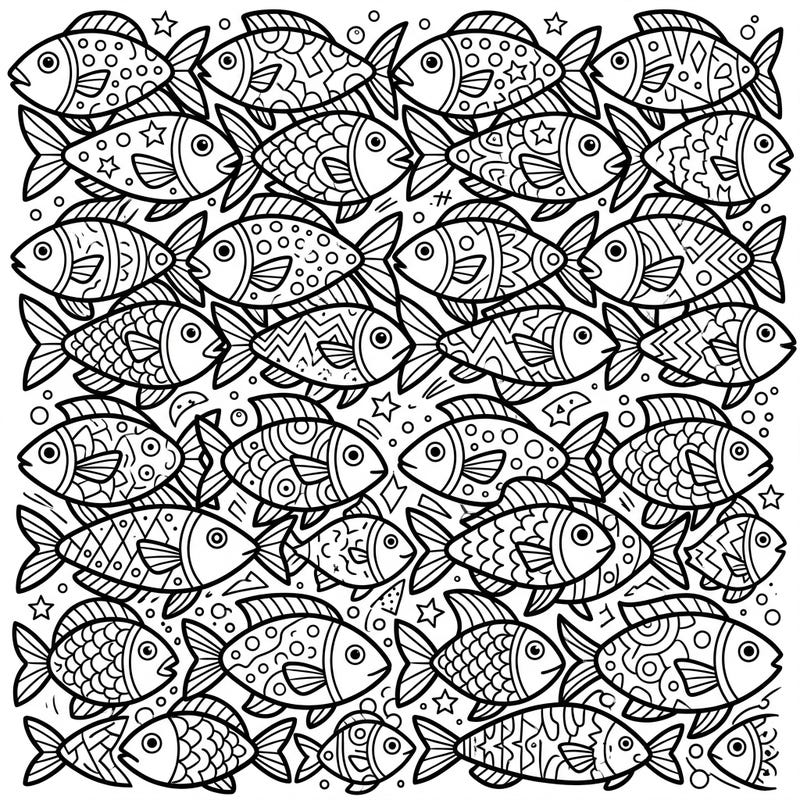Immerse yourself in a captivating world where art meets marine life with this unique Pop Art fish tessellations coloring page. Discover a dense array of interlocking fish, each bursting with intricate patterns waiting for your creative touch.