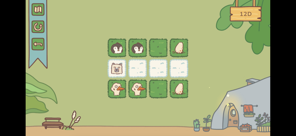 Animal Planner sliding puzzle gameplay featuring cute penguins and a bear in a cozy setting