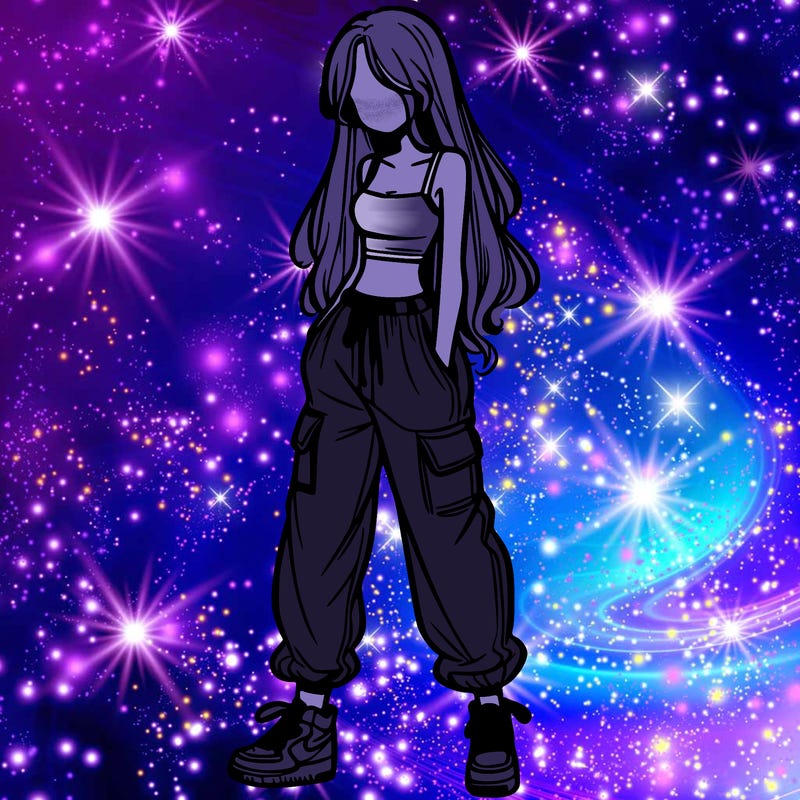 girl in baggy pants crop top and long hair