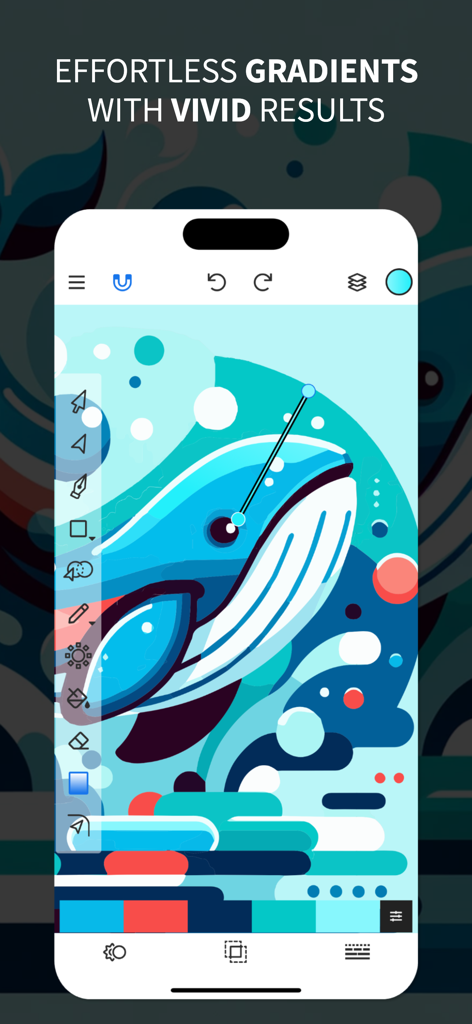 Vector Drawing & Logo Design - A mobile app interface showing a vector whale illustration being edited with gradient tools