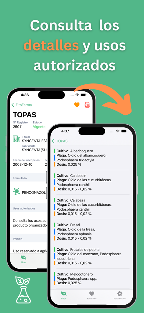 Interfaz de la aplicación móvil que muestra los usos autorizados de productos fitosanitarios y las dosis de cultivo para FitoFarma
