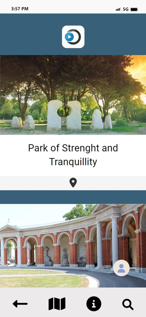 ARtour - Mobile app screen for ARtour showing historical landmarks and a tranquil park