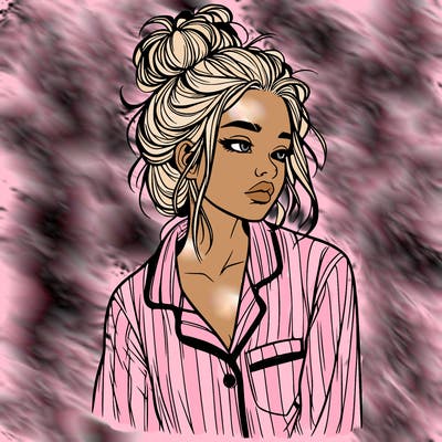 realistic woman with pajamas on and a messy bun