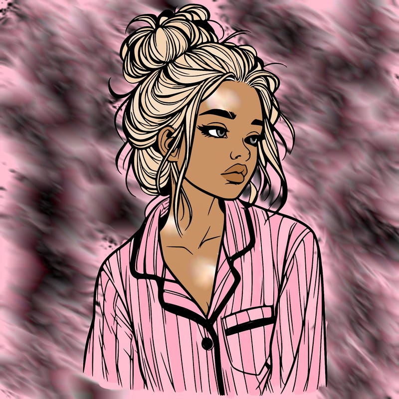 realistic woman with pajamas on and a messy bun