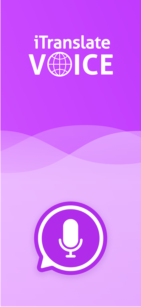 Pantalla de inicio de la aplicación iTranslate Voice con un icono de micrófono sobre un fondo degradado púrpura