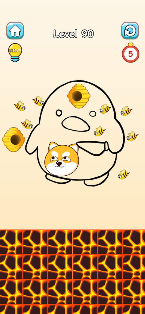 Dog Draw : Save the Dog 2025 - Gameplay screenshot of Dog Draw Save the Dog 2025 level 90 showing a puzzle challenge to protect the dog character from bees