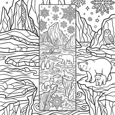 Embark on a creative journey to the icy landscapes of the North with this unique Arctic Islands bookmark coloring page. Discover a captivating scene filled with iconic polar animals and breathtaking frozen formations, ready for your artistic touch.