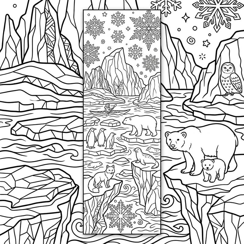 Embark on a creative journey to the icy landscapes of the North with this unique Arctic Islands bookmark coloring page. Discover a captivating scene filled with iconic polar animals and breathtaking frozen formations, ready for your artistic touch.