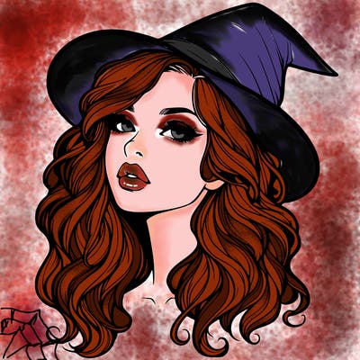 realistic witch girl with wavy hair and lips