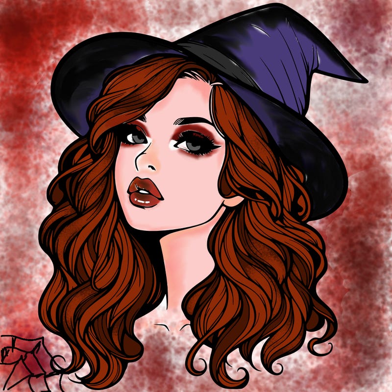 realistic witch girl with wavy hair and lips