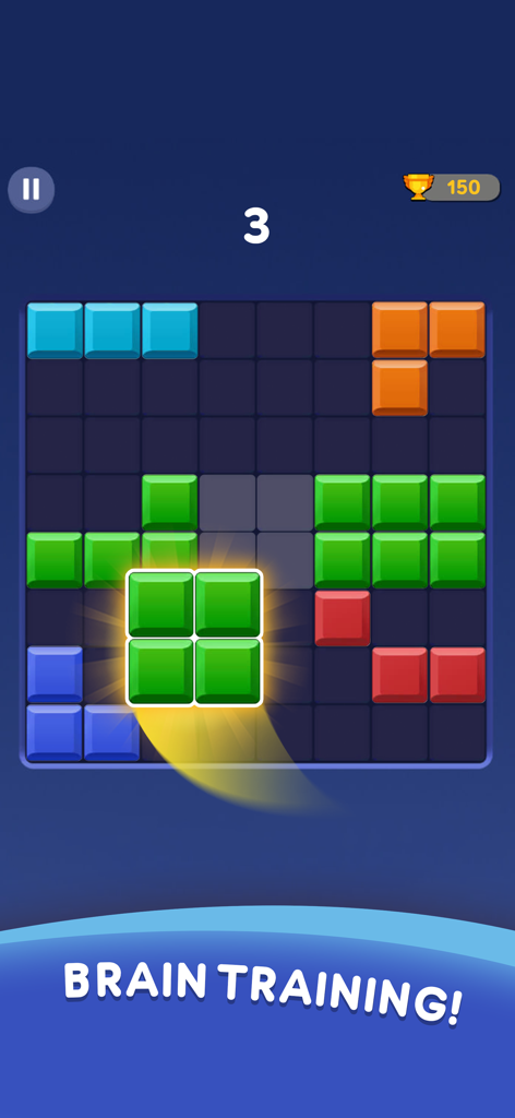 Gameplay-Screenshot von Block Blast, der bunte Blöcke auf einem Gitter und den Text 'brain training' zeigt