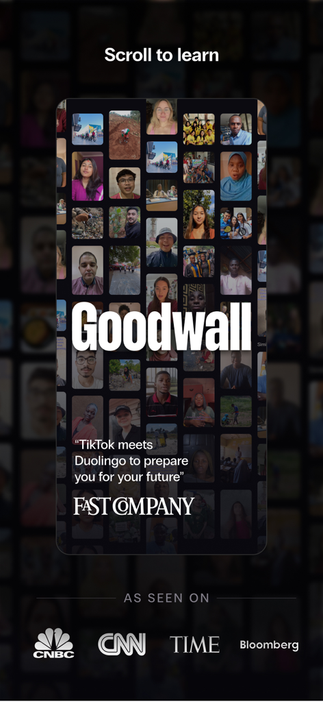 Goodwall app introduction screen featuring its community grid and media recognition from CNBC CNN and TIME
