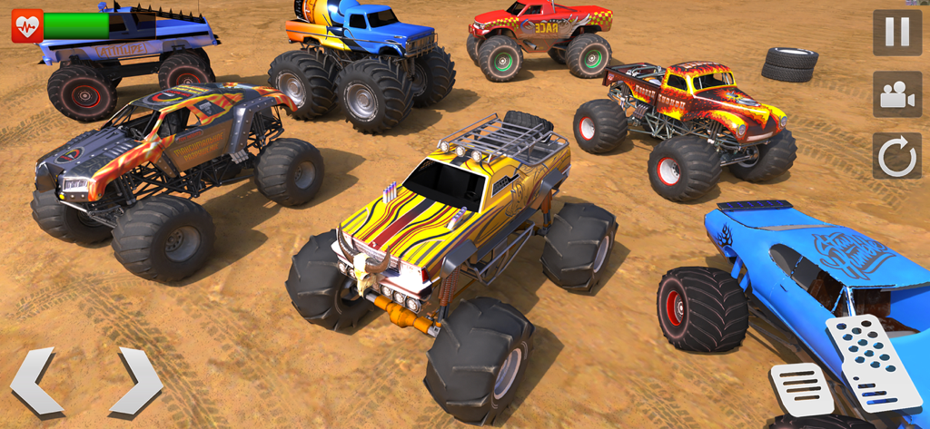 Monster Trucks 4x4 Racing Game - A group of customized monster trucks in a sandy off-road arena