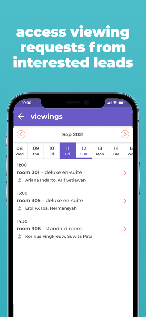 Cove Property Management App - A calendar screen in the Cove Property Management App showing scheduled viewing requests for different rooms.