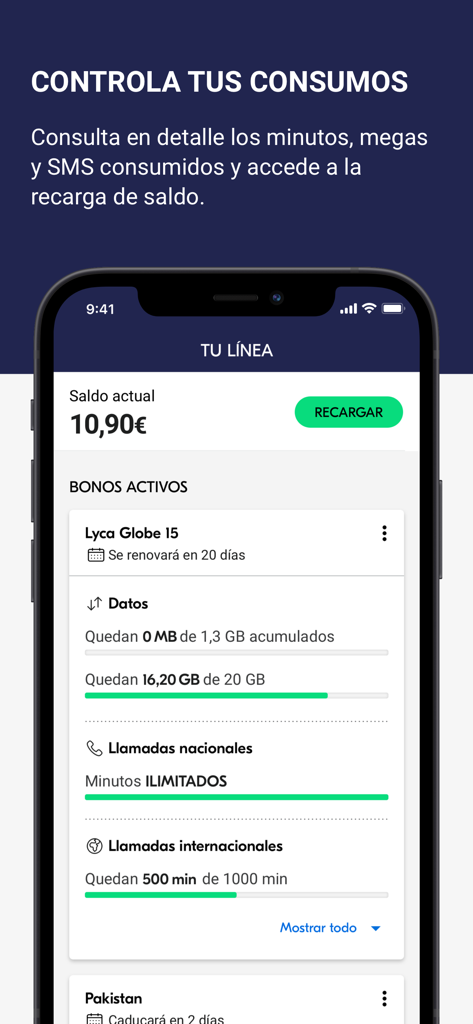 Mi Lyca - Captura de pantalla del panel de la app móvil Mi Lyca que muestra el saldo actual y el seguimiento del uso de datos y llamadas