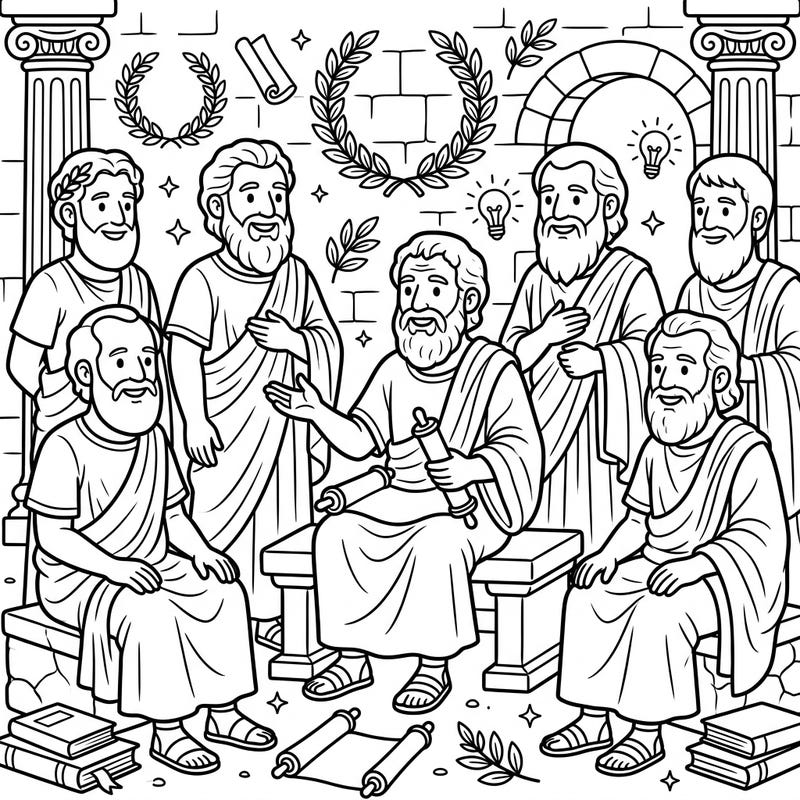 Introduce your kids to the fascinating world of ancient Roman Philosophers with this engaging coloring page. Featuring friendly figures and symbolic elements, it's a perfect blend of learning and creative fun.