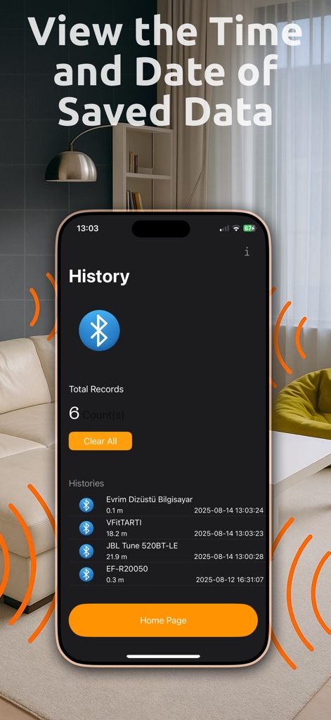 Device Detector - Spy Finder - Pantalla de historial de la aplicación Device Detector que muestra una lista de dispositivos Bluetooth detectados con marcas de tiempo y distancia.