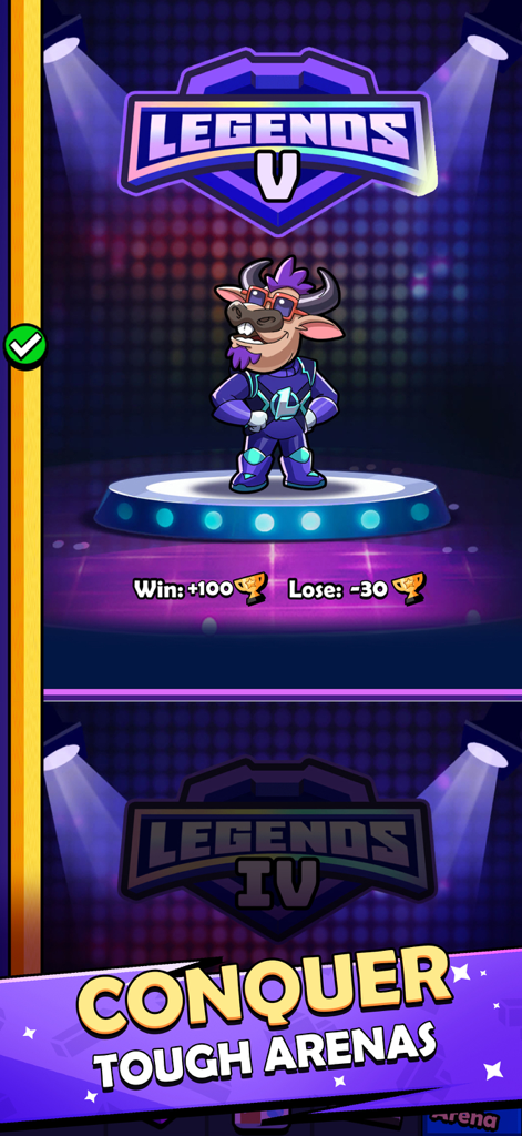 Block Heads: Duel puzzle games - Captura de pantalla del juego móvil Block Heads que muestra la liga de la arena Legends V y un banner promocional de Conquista Arenas Difíciles.