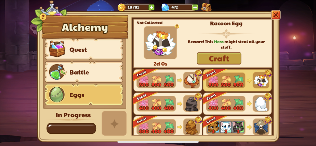 Dungeon Dogs - Idle Hero RPG - Dungeon Dogs alchemy menu displaying various egg crafting options.