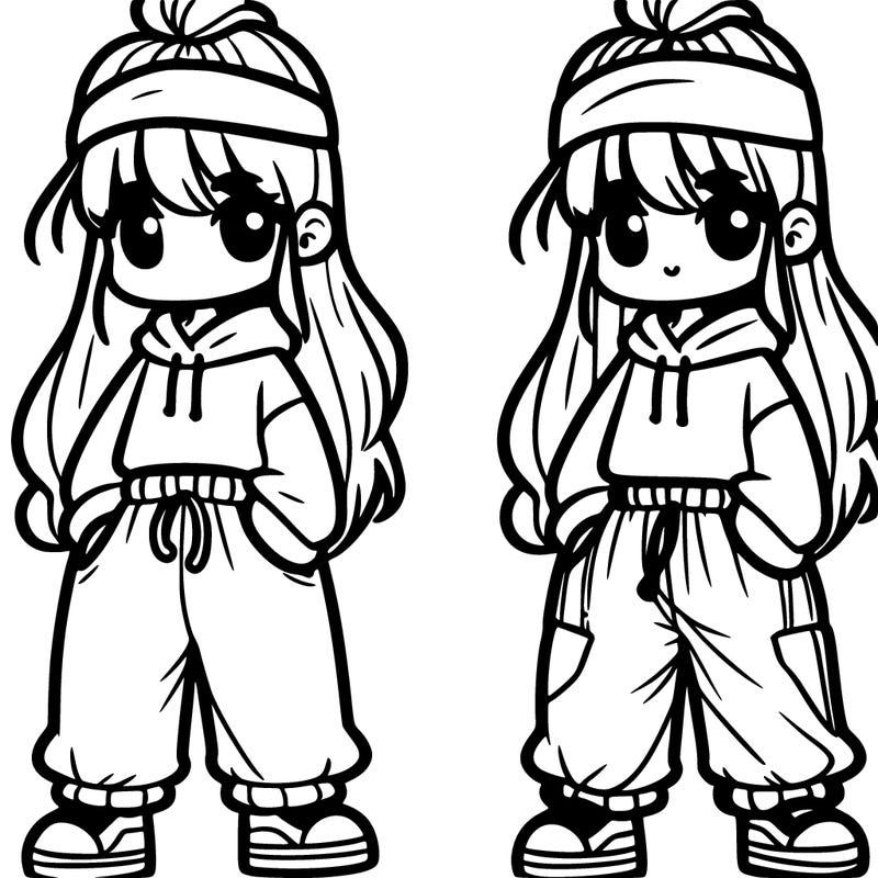 girl with baggy pants, side bangs, a headband, and long hair