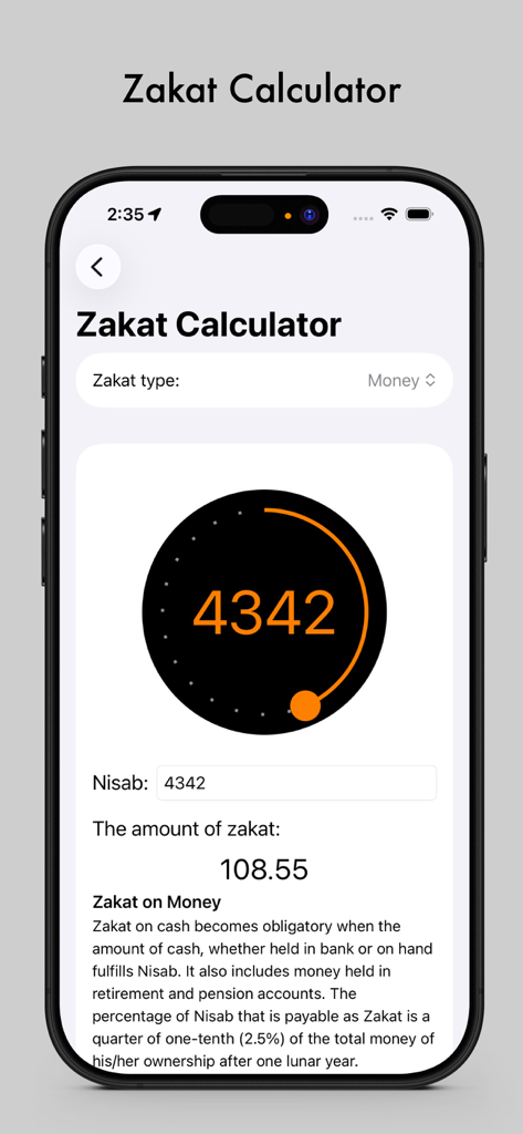 Athan: Full Athan - Interfaz de calculadora de Zakat en la aplicación Athan que muestra cálculos de dinero