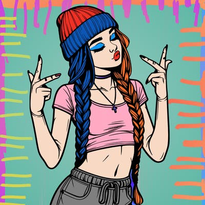 realistic teenage girl with braids and a beanie and crop top doing 🫶🏼