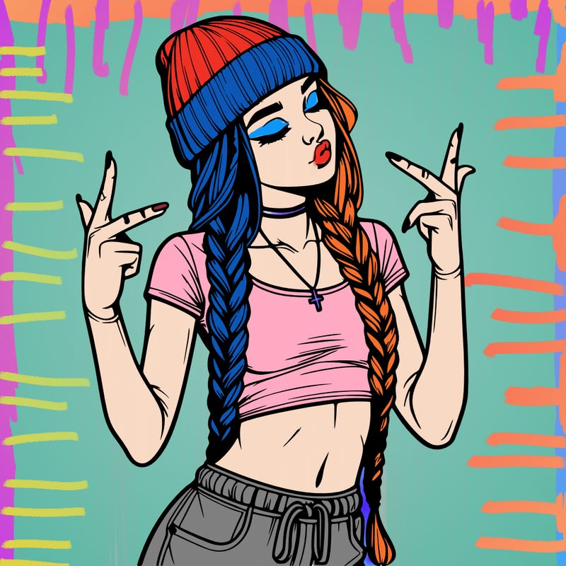 realistic teenage girl with braids and a beanie and crop top doing 🫶🏼