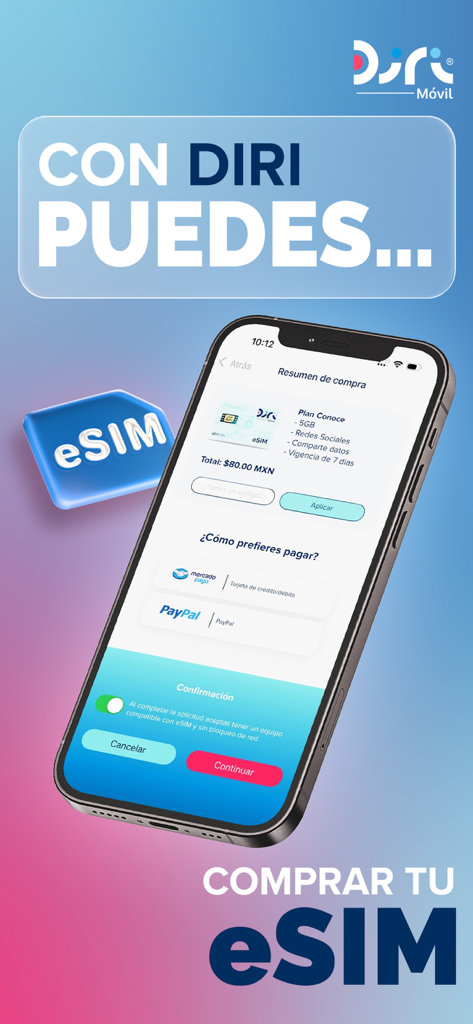 Diri App - Diri App interface on a smartphone showing the steps to buy an eSIM plan with payment options like PayPal and Mercado Pago.