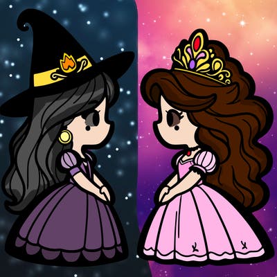 princess and witch facing each other