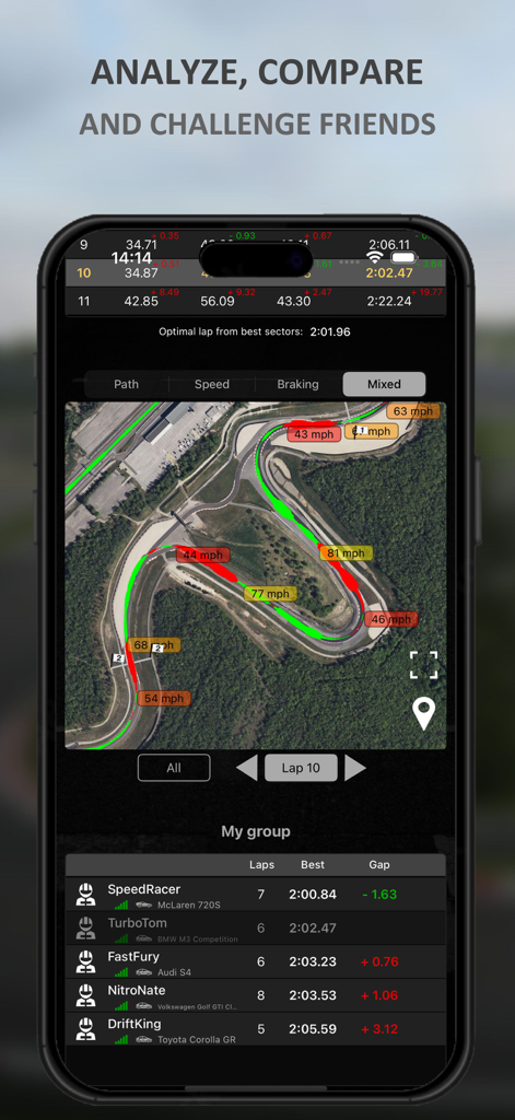 LapTrophy app interface showing a GPS track map with speed data and a racing group leaderboard.