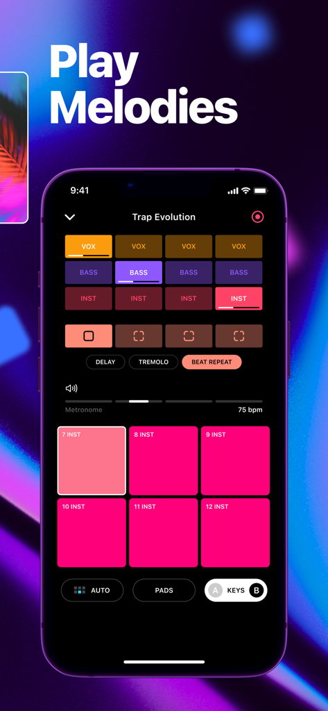 Drum Pad FX - Beat Maker & DJ - Mobile App-Oberfläche von Drum Pad FX zeigt bunte Musik-Pads zum Spielen von Melodien und Erstellen von Trap-Beats.