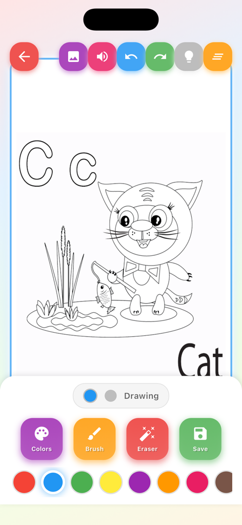 Kids Color Book Draw & Learn - Kids coloring book app interface showing a cat drawing for the letter C with colorful drawing tools at the bottom