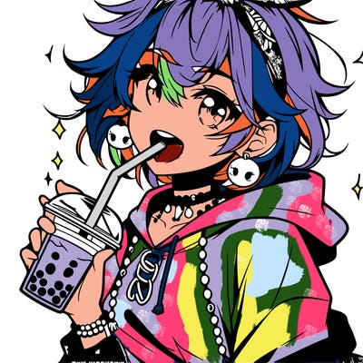 hot baddie anime girl drinking boba and biting the straw