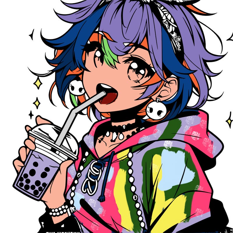 hot baddie anime girl drinking boba and biting the straw