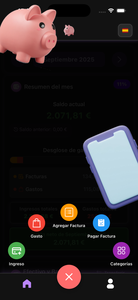 Panel de la aplicación Hero Budget que muestra el resumen mensual y un menú de acciones rápidas para la gestión de ingresos, gastos y facturas.