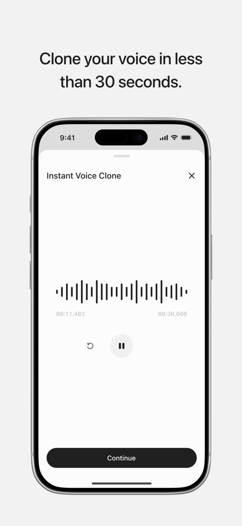ElevenLabs: AI Voice Generator - A mobile screen showing the ElevenLabs instant voice cloning interface with a sound waveform and a 30-second timer.