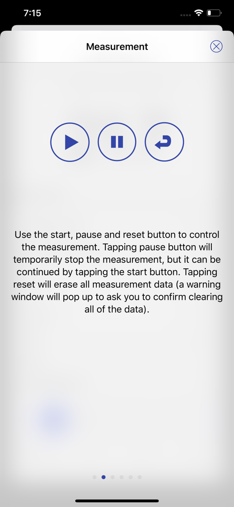 NIOSH Sound Level Meter - Tela de instrução de medição para o aplicativo Medidor de Nível de Som NIOSH mostrando botões de controle.