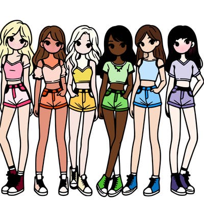 a group of girls wearing crop tops and shorts
