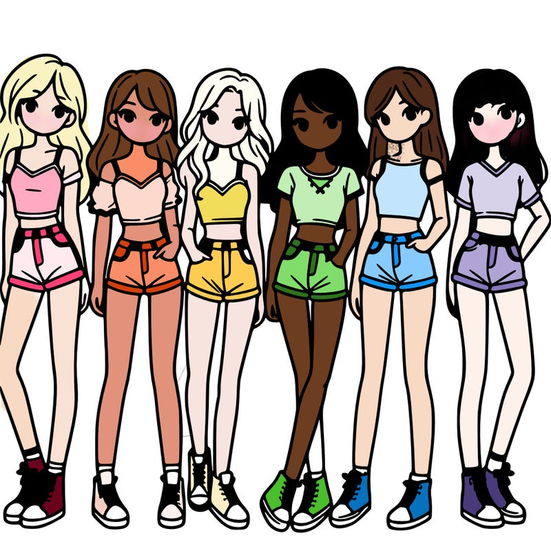 a group of girls wearing crop tops and shorts