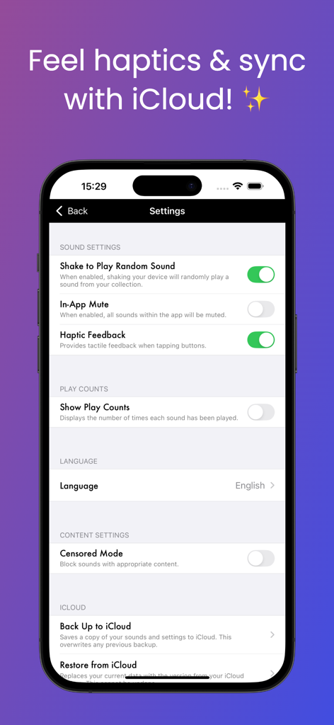 Menu des paramètres de l'application MyInstants affichant les options pour le retour haptique et la synchronisation iCloud.