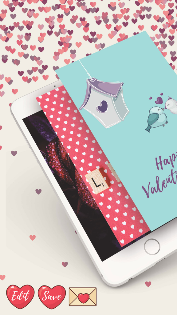 Valentine's Day Wallpapers – Free Love Picture.s - Schermata dello smartphone che mostra diversi sfondi romantici di San Valentino con disegni di cuori e uccelli