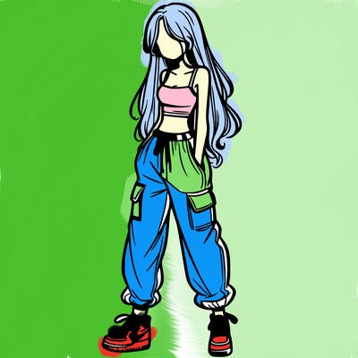 girl in baggy pants crop top and long hair