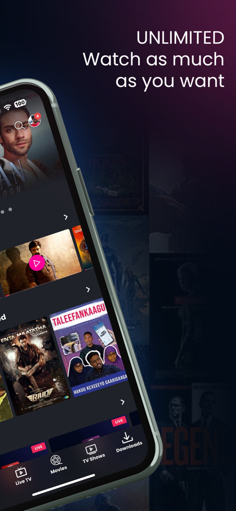 StreamNxt+ app interface showing Somali movie posters and live TV navigation on a mobile device