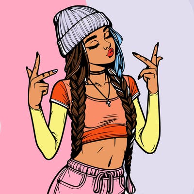 realistic teenage girl with braids and a beanie and crop top doing 🫶🏼
