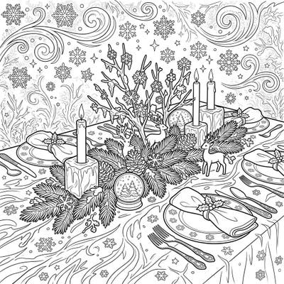 Step into a world of frosty beauty with this exquisite winter dining table coloring page, brimming with intricate details and festive charm. It's the perfect canvas to bring your holiday season or a cozy winter evening to vibrant life.
