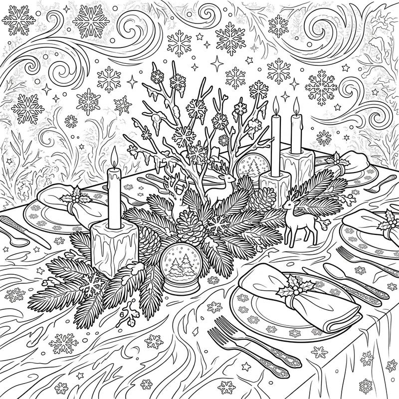 Step into a world of frosty beauty with this exquisite winter dining table coloring page, brimming with intricate details and festive charm. It's the perfect canvas to bring your holiday season or a cozy winter evening to vibrant life.